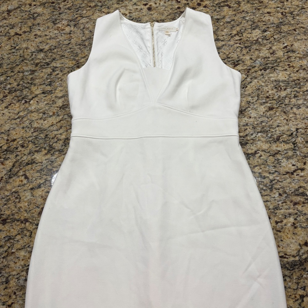 Ted Baker London White Sleeveless V-Neck Midi Sheath Dress Size 4 Gold Zip ws